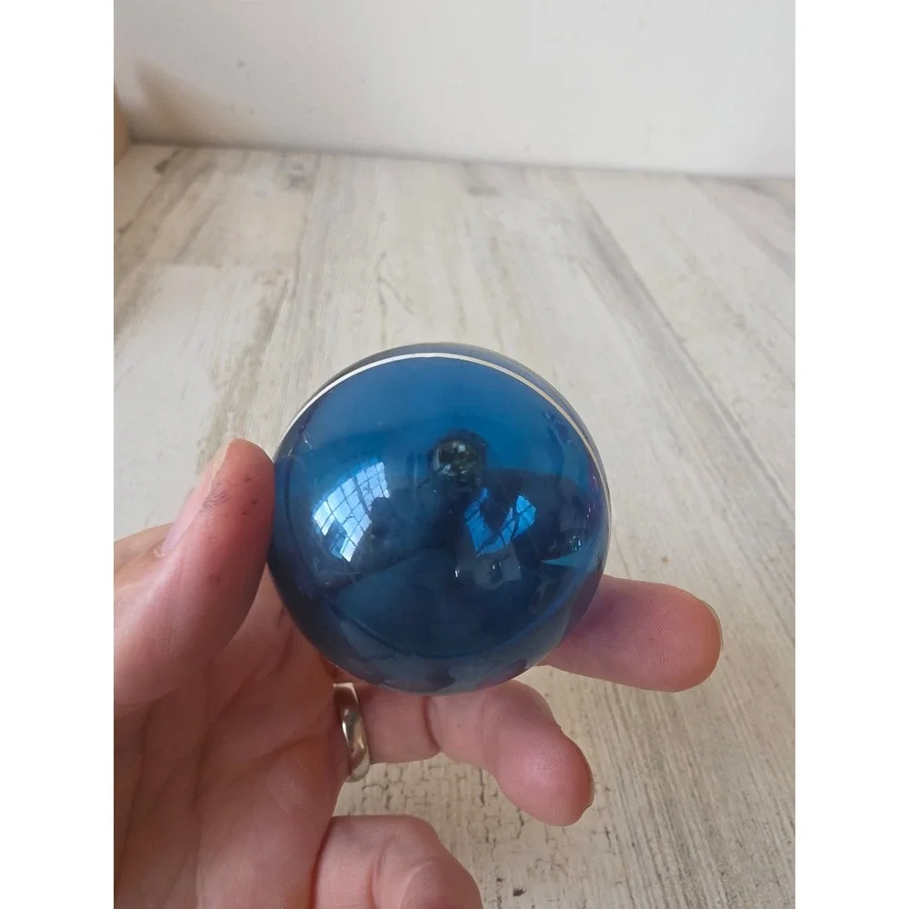 Vintage premier unsilvered blue striped glass ornament Xmas tree yellow white